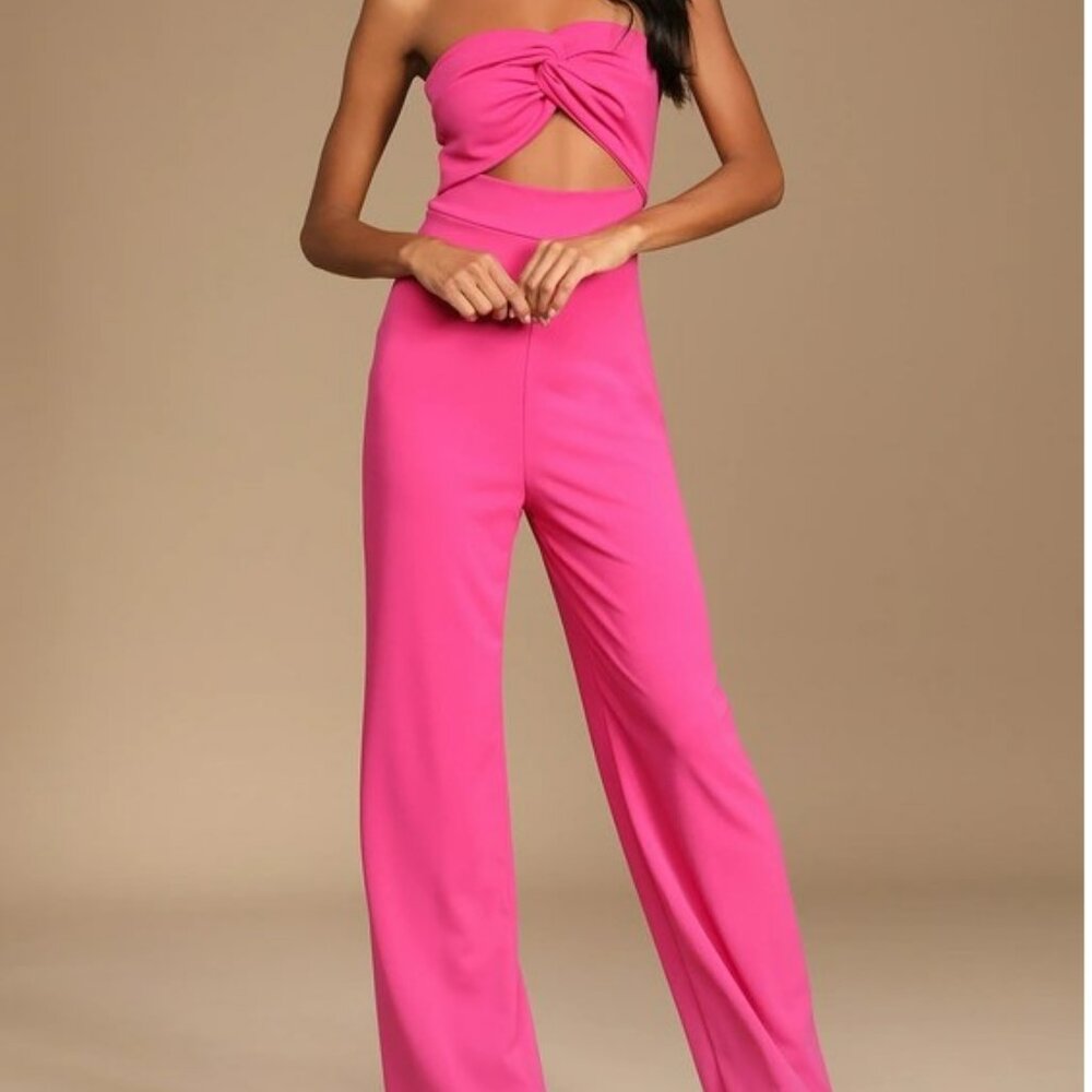All That She Wants Pink Strapless Cutout Straight Leg Jumpsuit